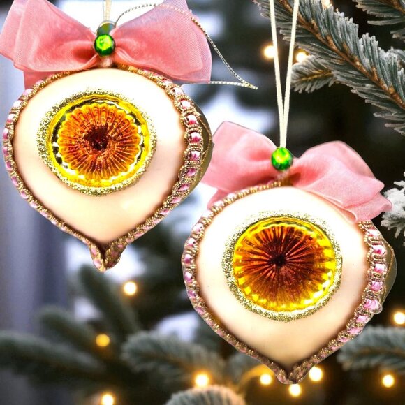 Indent Glass Teardrop Ornaments Gold Harlequin Pattern Tulle Ribbon Pink Trim 2 - Picture 1 of 10